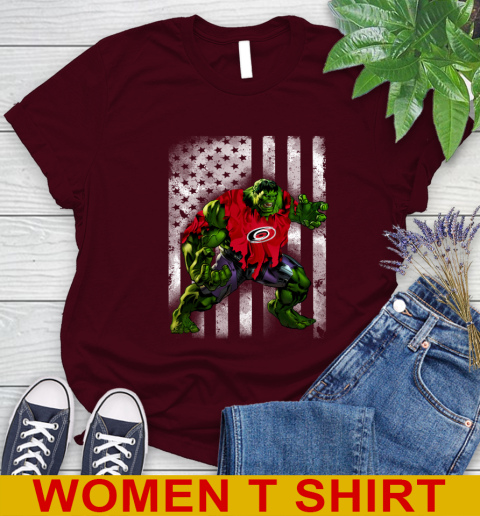 Carolina Hurricanes Hulk Marvel Avengers NHL Hockey American Flag Women's T-Shirt 6