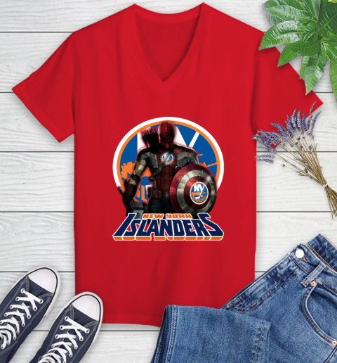 NHL Captain America Thor Spider Man Hawkeye Avengers Endgame Hockey New York Islanders Women's V-Neck T-Shirt 12
