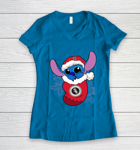 Chicago White Sox Christmas Stitch In The Sock Funny Disney MLB Women's V-Neck T-Shirt 7