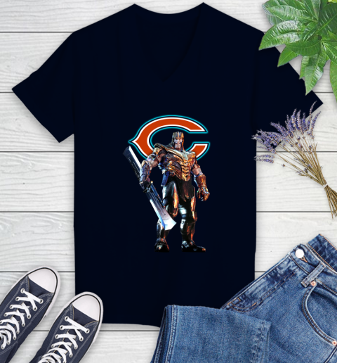 NFL Thanos Gauntlet Avengers Endgame Football Chicago Bears Women's V-Neck T-Shirt 3