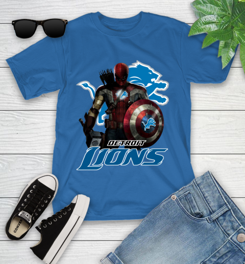 NFL Captain America Thor Spider Man Hawkeye Avengers Endgame Football Detroit Lions Youth T-Shirt 9