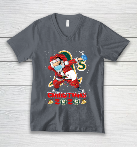 Oakland Athletics Funny Santa Claus Dabbing Christmas 2020 MLB V-Neck T-Shirt 4