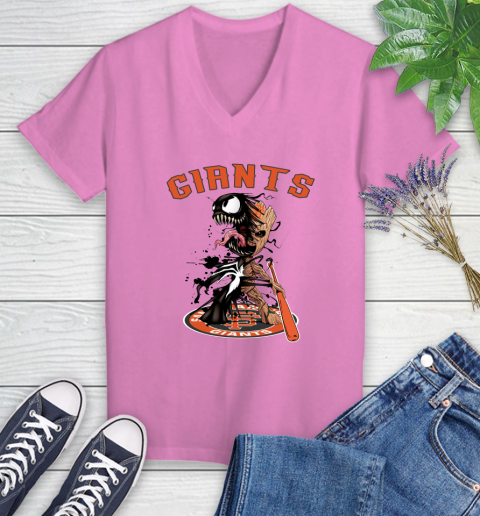 MLB San Francisco Giants Baseball Venom Groot Guardians Of The Galaxy Women's V-Neck T-Shirt 14