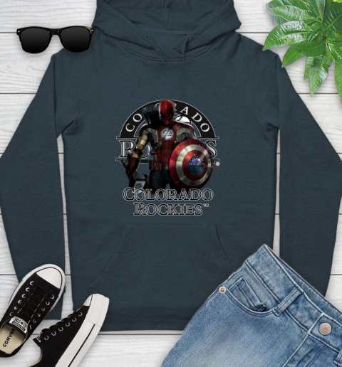 MLB Captain America Thor Spider Man Hawkeye Avengers Endgame Baseball Colorado Rockies Youth Hoodie 8