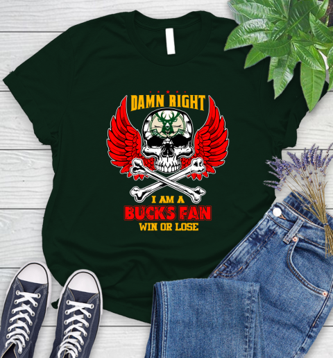 NBA Damn Right I Am A Milwaukee Bucks Win Or Lose Skull Basketball Sports Women's T-Shirt 6