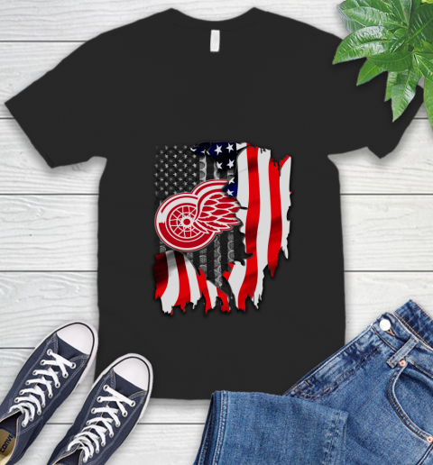 Detroit Red Wings NHL Hockey American Flag V-Neck T-Shirt