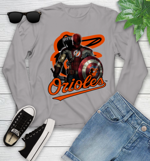 MLB Captain America Thor Spider Man Hawkeye Avengers Endgame Baseball Baltimore Orioles Youth Long Sleeve 5