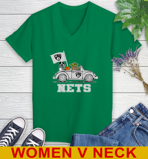 NBA Basketball Brooklyn Nets Darth Vader Baby Yoda Driving Star Wars Shirt Women's V-Neck T-Shirt 6