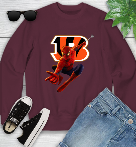 NFL Spider Man Avengers Endgame Football Cincinnati Bengals Youth Sweatshirt 6 NFL Spider Man Avengers Endgame Football Cincinnati Bengals Youth Sweatshirt - Image 6