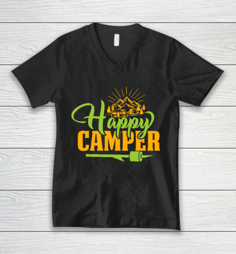 Happy Camping Camper Motorhome Mountains Funny V-Neck T-Shirt