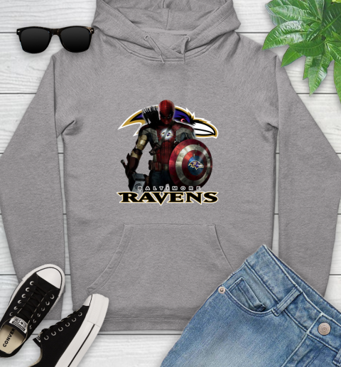 NFL Captain America Thor Spider Man Hawkeye Avengers Endgame Football Baltimore Ravens Youth Hoodie 6