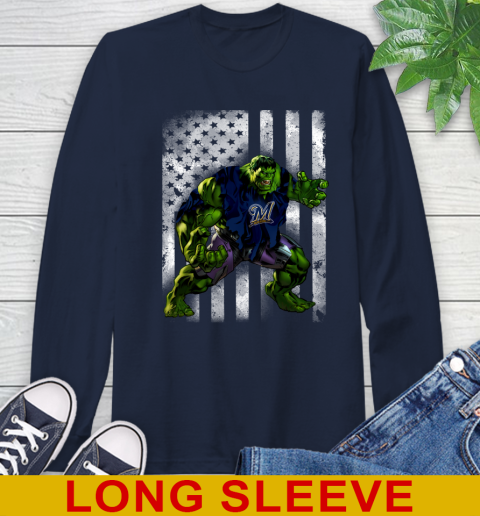 Milwaukee Brewers Hulk Marvel Avengers MLB Baseball American Flag Long Sleeve T-Shirt 3