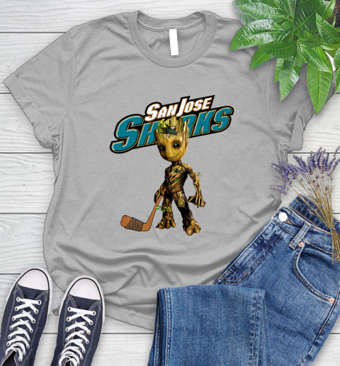 San Jose Sharks NHL Hockey Groot Marvel Guardians Of The Galaxy Women's T-Shirt 5