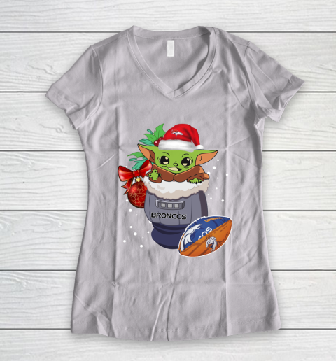 Denver Broncos Christmas Baby Yoda Star Wars Funny Happy NFL Women's V-Neck T-Shirt 2