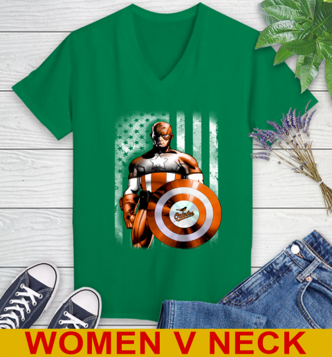 Baltimore Orioles MLB Baseball Captain America Marvel Avengers American Flag Shirt Women's V-Neck T-Shirt 5