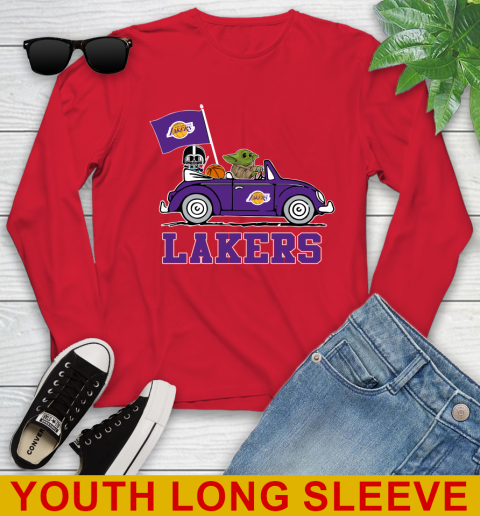 NBA Basketball Los Angeles Lakers Darth Vader Baby Yoda Driving Star Wars Shirt Youth Long Sleeve 11