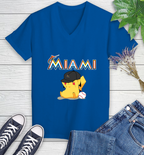 MLB Pikachu Baseball Sports Miami Marlins Women's V-Neck T-Shirt 10