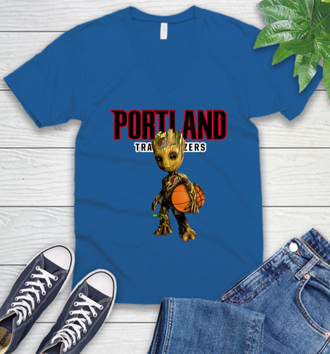 Portland Trail Blazers NBA Basketball Groot Marvel Guardians Of The Galaxy V-Neck T-Shirt 6