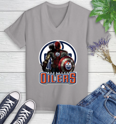 NHL Captain America Thor Spider Man Hawkeye Avengers Endgame Hockey Edmonton Oilers Women's V-Neck T-Shirt 4