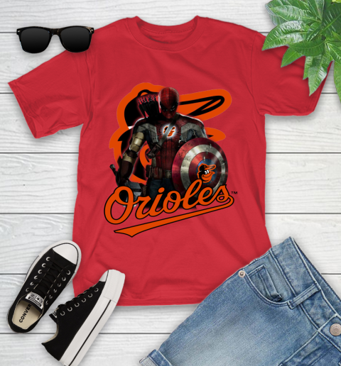 MLB Captain America Thor Spider Man Hawkeye Avengers Endgame Baseball Baltimore Orioles Youth T-Shirt 10