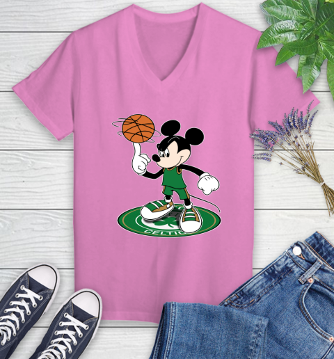 NBA Basketball Boston Celtics Cheerful Mickey Disney Shirt Women's V-Neck T-Shirt 12