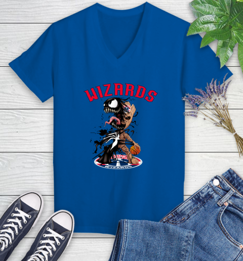 NBA Washington Wizards Basketball Venom Groot Guardians Of The Galaxy Women's V-Neck T-Shirt 10