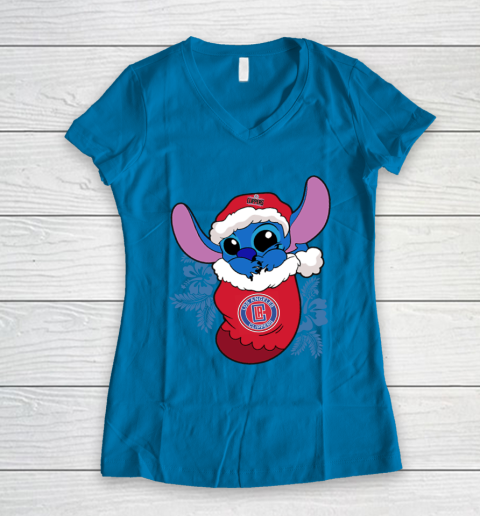 LA Clippers Christmas Stitch In The Sock Funny Disney NBA Women's V-Neck T-Shirt 7