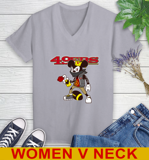 San Francisco 49ers NFL Football Mickey Peace Sign Sports Women's V-Neck T-Shirt 5