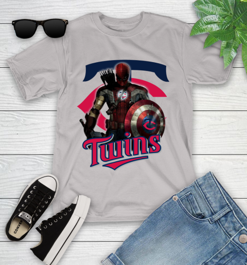 MLB Captain America Thor Spider Man Hawkeye Avengers Endgame Baseball Minnesota Twins Youth T-Shirt 12