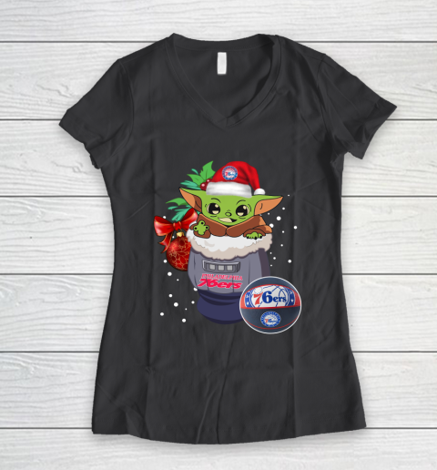 Philadelphia 76ers Christmas Baby Yoda Star Wars Funny Happy NBA Women's V-Neck T-Shirt 8