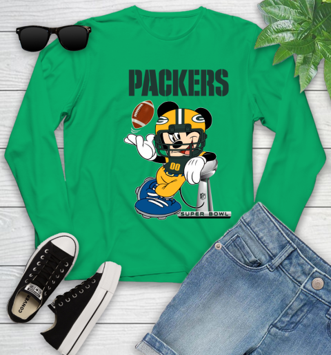 NFL Green Bay Packers Mickey Mouse Disney Super Bowl Football T Shirt Youth Long Sleeve 6