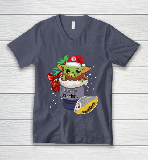 Pittsburgh Steelers Christmas Baby Yoda Star Wars Funny Happy NFL V-Neck T-Shirt 8