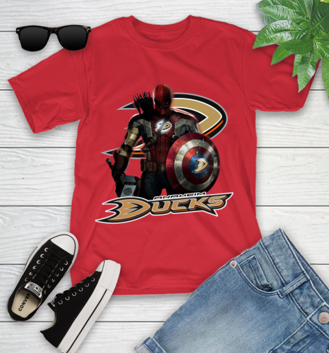 NHL Captain America Thor Spider Man Hawkeye Avengers Endgame Hockey Anaheim Ducks Youth T-Shirt 10