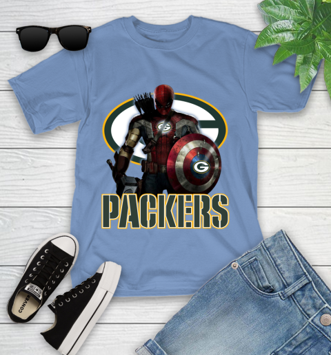 NFL Captain America Thor Spider Man Hawkeye Avengers Endgame Football Green Bay Packers Youth T-Shirt 11