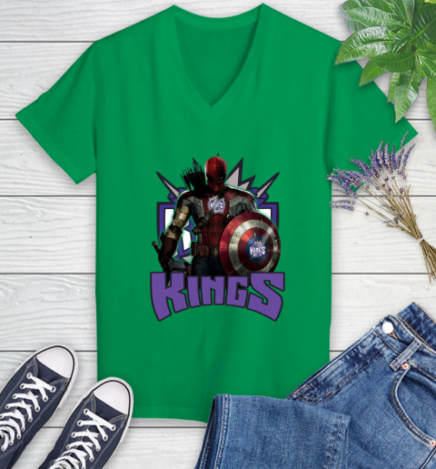 Sacramento Kings NBA Basketball Captain America Thor Spider Man Hawkeye Avengers Women's V-Neck T-Shirt 5