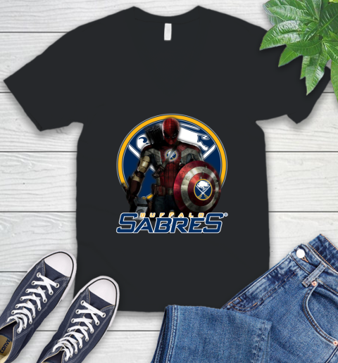 NHL Captain America Thor Spider Man Hawkeye Avengers Endgame Hockey Buffalo Sabres V-Neck T-Shirt 2