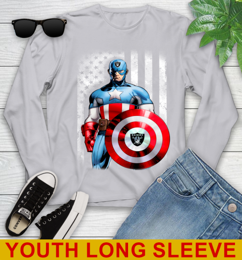 Oakland Raiders NFL Football Captain America Marvel Avengers American Flag Shirt Youth Long Sleeve 5