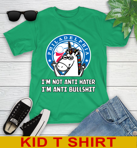 Philadelphia 76ers NBA Basketball Unicorn I'm Not Anti Hater I'm Anti Bullshit Youth T-Shirt - Image 7