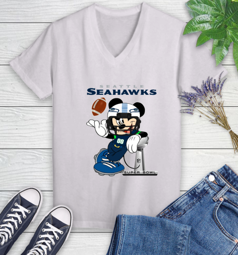 NFL Seattle Seahawks Mickey Mouse Disney Super Bowl Football T Shirt Women's V-Neck T-Shirt
