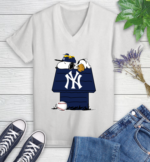 MLB New York Yankees Snoopy Woodstock The Peanuts Movie Baseball T Shirt Women's V-Neck T-Shirt