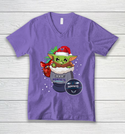 Charlotte Hornets Christmas Baby Yoda Star Wars Funny Happy NBA V-Neck T-Shirt 9