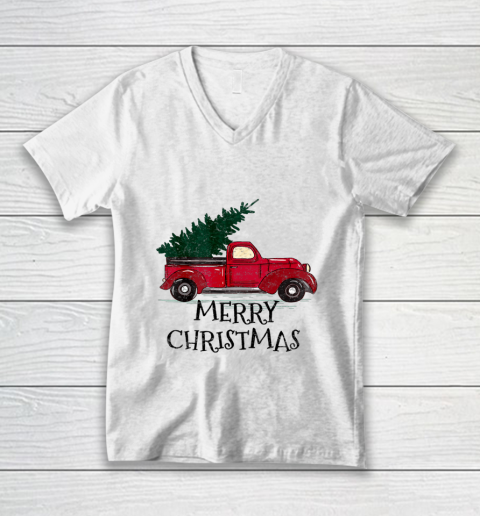 Vintage Red Truck With Merry Christmas Tree V-Neck T-Shirt