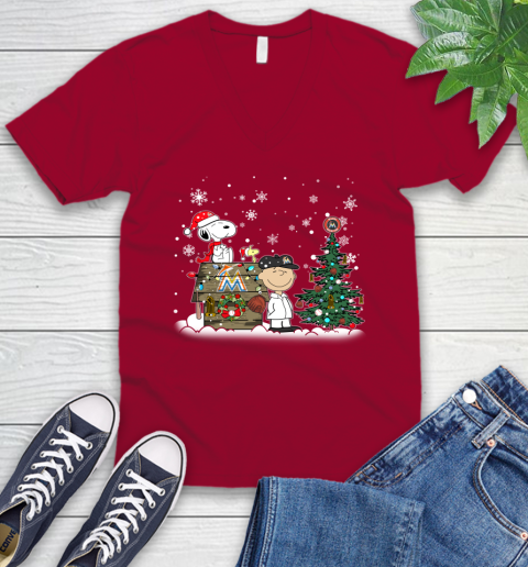 MLB Miami Marlins Snoopy Charlie Brown Christmas Baseball Commissioner's Trophy V-Neck T-Shirt 7