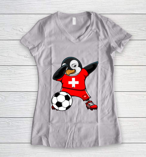 Dabbing Penguin Switzerland Soccer Fan Jersey Football Lovers Women's V-Neck T-Shirt