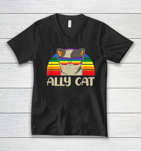 Ally Cat LGBT Gay Rainbow Pride Flag V-Neck T-Shirt