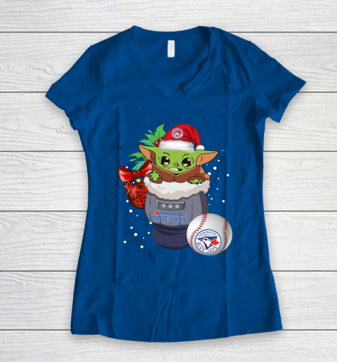 Toronto Blue Jays Christmas Baby Yoda Star Wars Funny Happy MLB Women's V-Neck T-Shirt 9