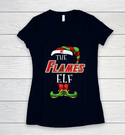 Calgary Flames Christmas ELF Funny NHL Women's V-Neck T-Shirt 2