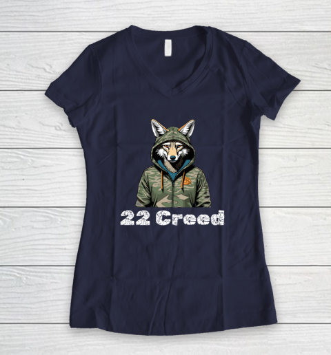 Coyote in Hood 22 Creed Graphic Hunting Women's V-Neck T-Shirt 7