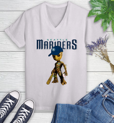 MLB Seattle Mariners Groot Guardians Of The Galaxy Baseball Women's V-Neck T-Shirt