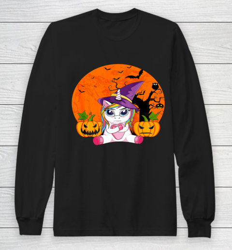 Funny Halloween Shirt Women Witchy Hat Unicorn Long Sleeve T-Shirt